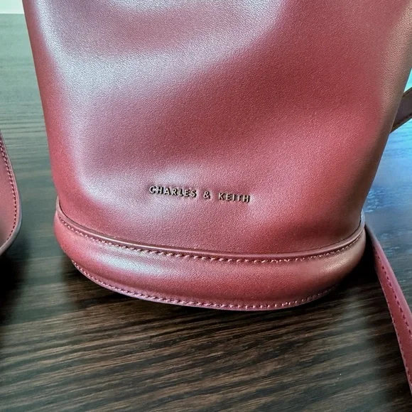 Charles & Keith Burgundy/Brown Drawstring Blossom Bucket Bag - Picture 5 of 7